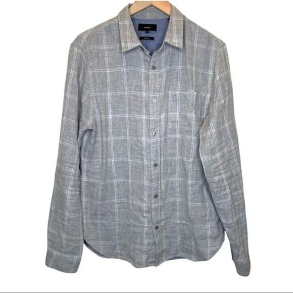 Vince men’s Windowpane gray collared cotton casual Button-Down Shirt size medium - Picture 1 of 12